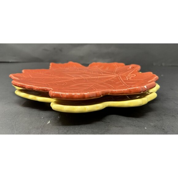 2 BARBARA EIGEN WILLIAMS-SONOMA AUTUMN HARVEST Red Yellow Salad Leaf Plates - Picture 8 of 12